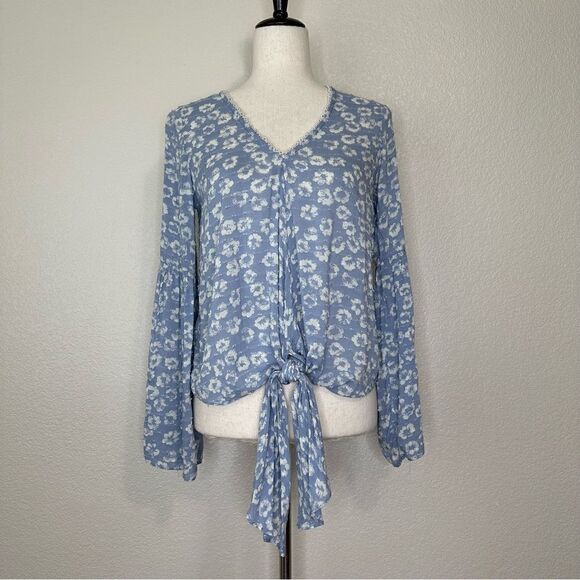 Everly Floral Blue Front Tie Swiss Dot Flared Sleeves Top, Size Small - Picture 1 of 13